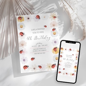 Modello di invito di compleanno, invito floreale primaverile a tema coccinella, invito modificabile Canva con tema ragazze carine, download immediato, biglietto digitale stampabile