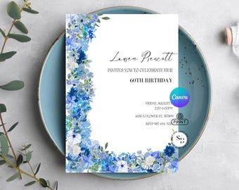 Plantilla de invitación de cumpleaños con flores azules: invitación imprimible elegante para fiesta femenina