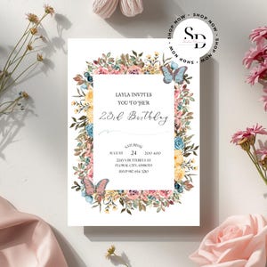 Invitación de cumpleaños con flores silvestres de primavera - Plantilla de invitación floral imprimible - Invitación para fiesta de mujeres imagen 1