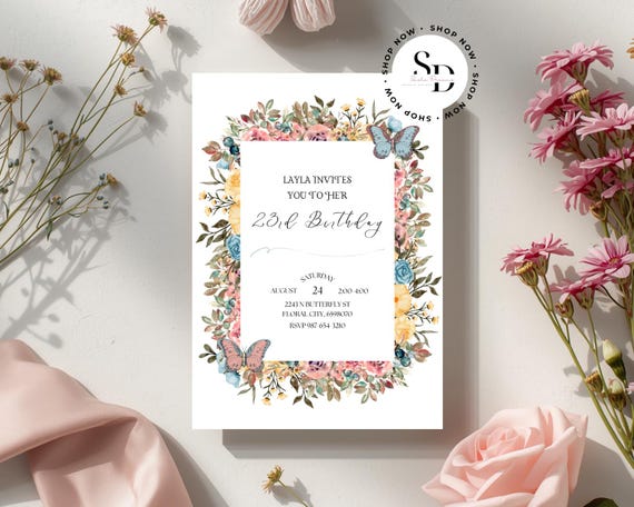 Spring Wildflower Birthday Invitation - Printable Floral Invite Template - Women's Party Invite