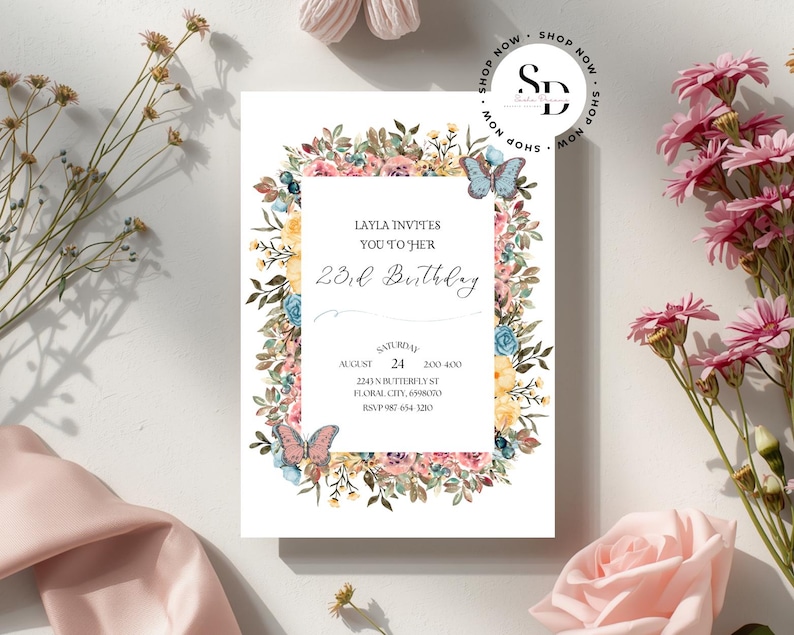 Invitación de cumpleaños con flores silvestres de primavera - Plantilla de invitación floral imprimible - Invitación para fiesta de mujeres imagen 1