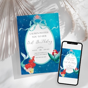 Modèle d'invitation d'anniversaire La petite sirène | Invitation modifiable Ariel Canvas | Fête sous la mer, carte numérique imprimable à téléchargement immédiat
