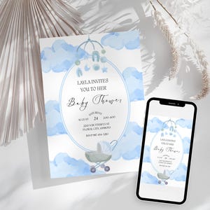 Plantilla de invitación para baby shower, invitación de Canva con nube azul pastel, descarga instantánea, tarjeta DIY estética para bebé, invitación digital imprimible para fiesta