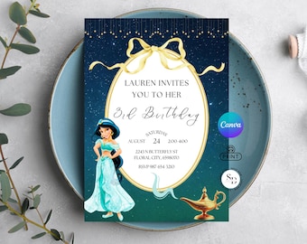 Sjabloon verjaardagsuitnodiging Jasmine - Canva prinsessenfeestje - afdrukbare uitnodiging voor meisjes