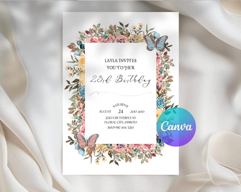Invitación de cumpleaños con flores silvestres de primavera - Plantilla de invitación floral imprimible - Invitación para fiesta de mujeres imagen 12