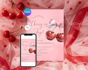 Pink Cherry Birthday Invite Template - Digital Girls Coquette Party Invitation - Printable Bow Invite