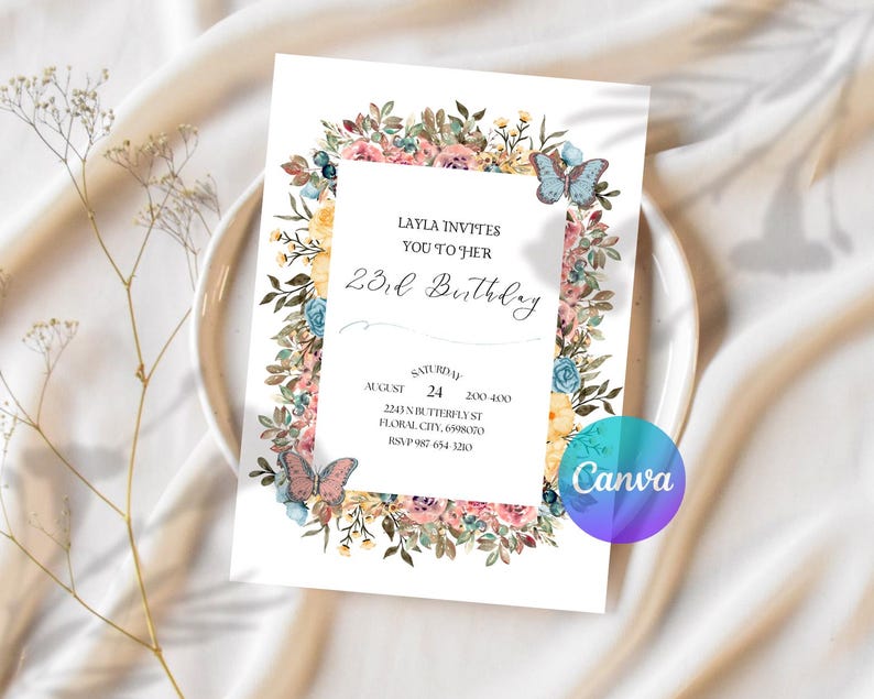 Invitación de cumpleaños con flores silvestres de primavera - Plantilla de invitación floral imprimible - Invitación para fiesta de mujeres imagen 9