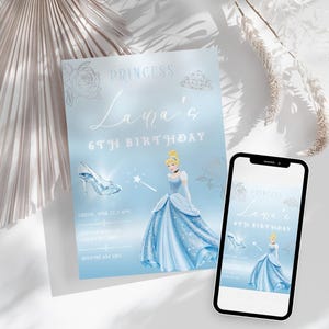 Modelo de convite de aniversário para meninas da Cinderela | Convite editável do Canva | Festa mágica da princesa azul e prata | Download instantâneo para impressão