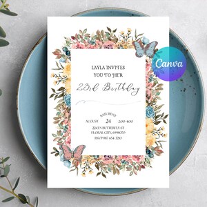 Invitación de cumpleaños con flores silvestres de primavera - Plantilla de invitación floral imprimible - Invitación para fiesta de mujeres imagen 3