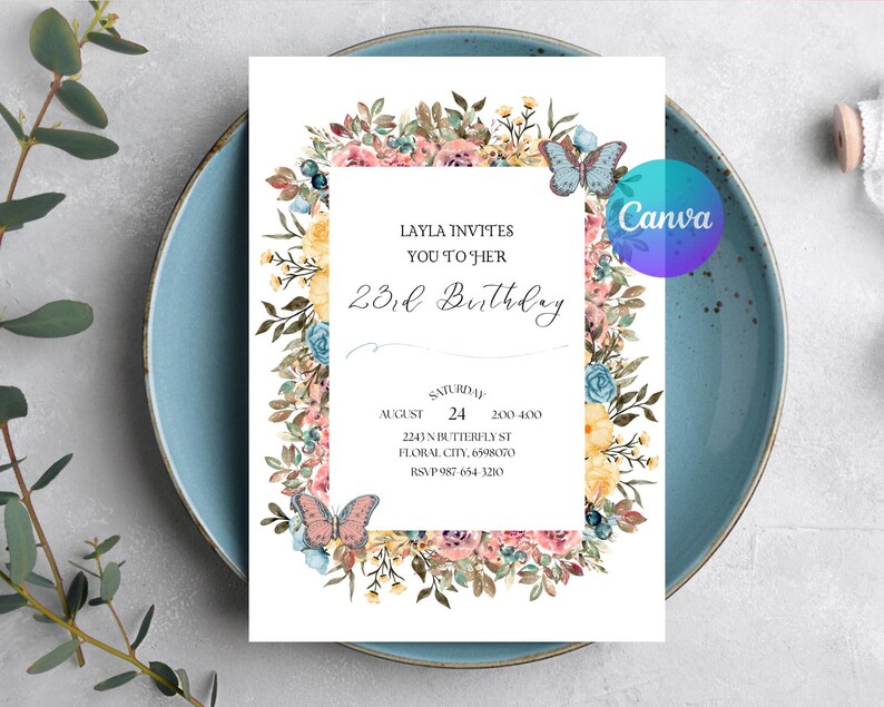 Invitación de cumpleaños con flores silvestres de primavera - Plantilla de invitación floral imprimible - Invitación para fiesta de mujeres imagen 3