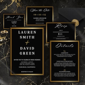 Suite de faire-part de mariage de luxe, thème moderne noir et or élégant, invitation de modèle de toile modifiable chic, téléchargement immédiat, cartes imprimables