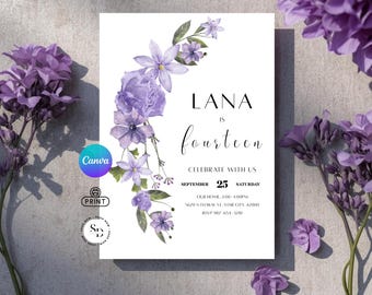 Plantilla de invitación de cumpleaños con flores moradas: elegante invitación imprimible para fiesta de niñas