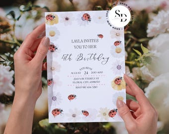 Ladybug Birthday Invitation Template - Printable Girls Party Invite - Floral Spring Invite