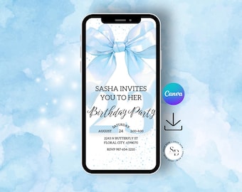 Blue Coquette Birthday Evite Template - Trendy Bow Girls Invitation