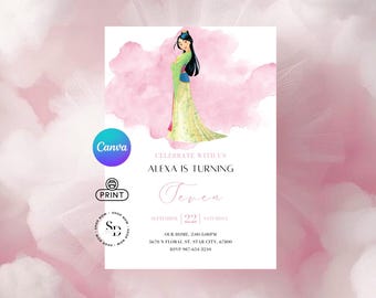 Watercolor Mulan Birthday Invitation - Pink Princess Party Invite Template - Girls Canva Invite