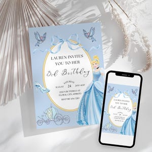 Modelo de convite de aniversário para meninas da Cinderela, convite editável do Canva, festa mágica da princesa azul e dourada, cartão para impressão com download instantâneo