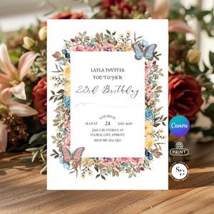 Invitación de cumpleaños con flores silvestres de primavera - Plantilla de invitación floral imprimible - Invitación para fiesta de mujeres imagen 2