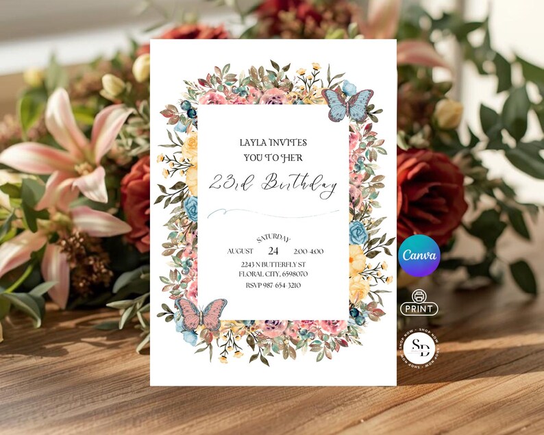 Invitación de cumpleaños con flores silvestres de primavera - Plantilla de invitación floral imprimible - Invitación para fiesta de mujeres imagen 2
