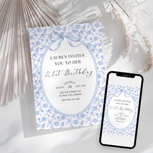 Geburtstagseinladung Vorlage, Floral Blue Coquette Canva Invite, bearbeitbare blaue Schleife, elegantes Thema, Sofort-Download, druckbare digitale Karte