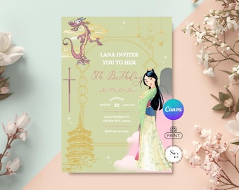 Mulan Birthday Invitation Template - Digital Princess Party Invite - Printable Girls Invite