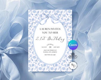 Blue Floral Coquette Birthday Invitation - Elegant Party Invite Template - Classy Girls Invite