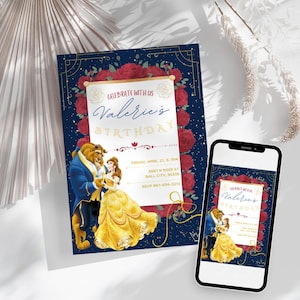 Modello di invito di compleanno La bella e la bestia / Invito Canva modificabile / Principessa Disney Belle Oro/Rosso/Blu / Download immediato stampabile