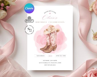 Invitación rosa para fiesta de cumpleaños del oeste - Plantilla imprimible de invitación vaquera - Invitación para chicas modernas