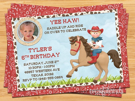 Kids Cowboy on Horse Birthday Party Invitation Il_570xn