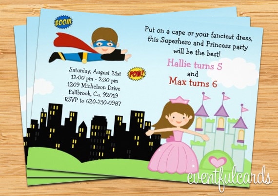 superhero and princess birthday party invitation printable by