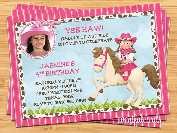 Kids Cowgirl on Horse Birthday Party Invitation Il_570xn
