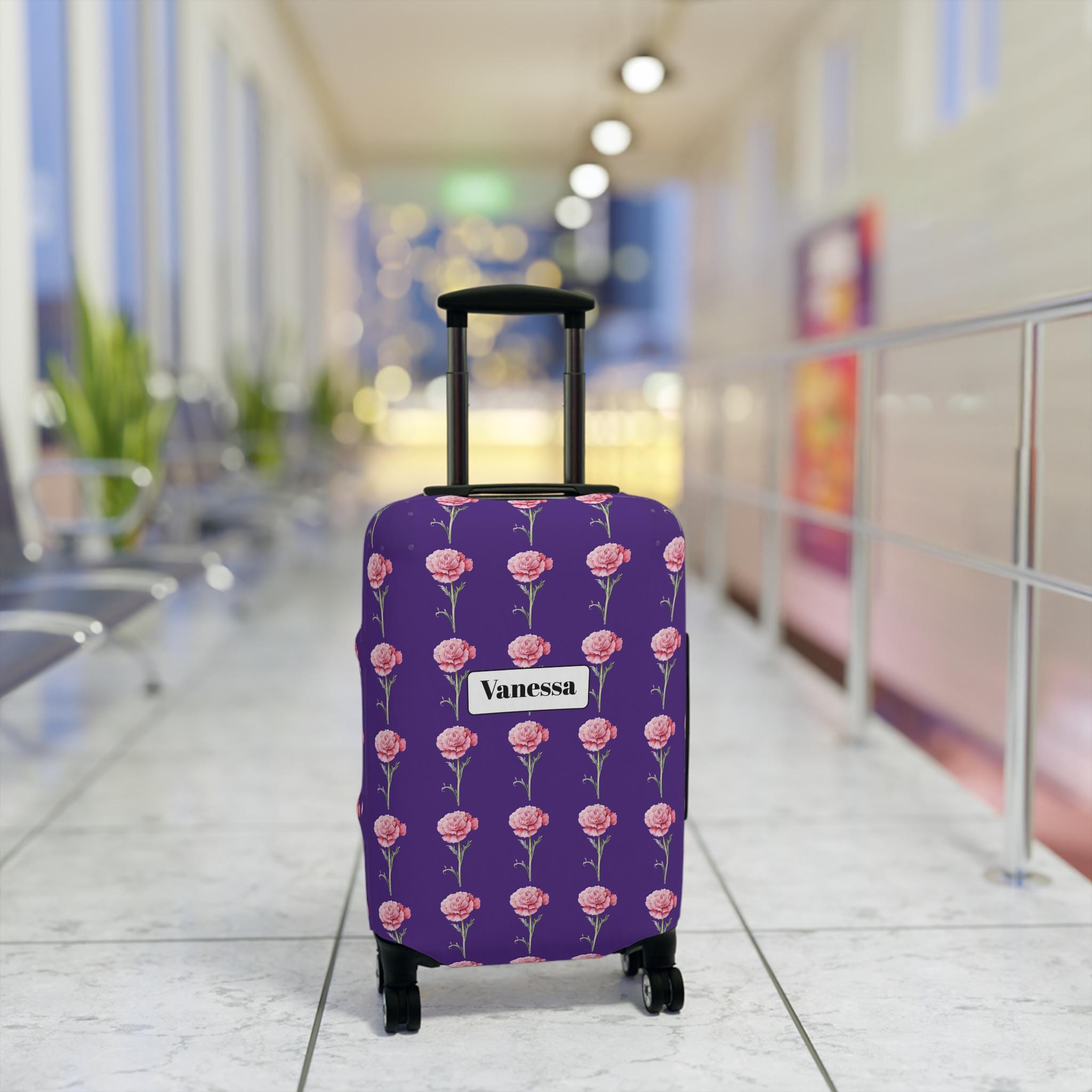 January Carnation Birthflower Luggage Cover, Stylish Travel Personalized Suitcase Protector Vacation Lovers, Cruise, Holiday, Camping Gift