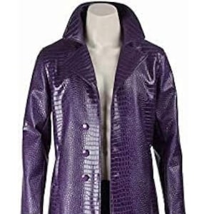 Jared Leto Joker Suicide The Squad Purple Leather Trench Coat for Men | Crocodile Pattern Faux Leather Coat