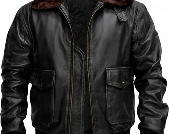 Chaqueta de aviador negra de cuero genuino con cuello de piel marrón G-1 para hombre, estilo US Navy Flight / Chaqueta bomber de piloto vintage para hombre.