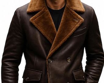 Giacca bomber da uomo B3 in montone / Cappotto in vera pelle marrone oliva stile aviatore dell'aeronautica militare della Seconda Guerra Mondiale / Giacca invernale da aviatore in montone