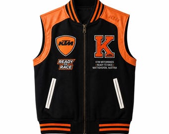 KTM Varsity Vest Jacket | Black Orange Racing Sleeveless Bomber Vest | Ready To Race Biker Streetwear | Moto Racing for Men