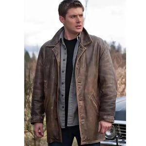 Manteau brun effet vieilli Dean Winchester surnaturel | Trench-coat en cuir véritable pour homme | Trench-coat Dean Winchester
