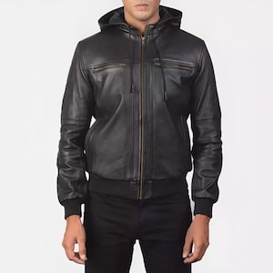 Men&#39;s Genuine Leather Jacket Multi Pockets Racing Jacket Motorcycle Jacket - Genuine Biker Black Hooded Leather Bomber Jacket