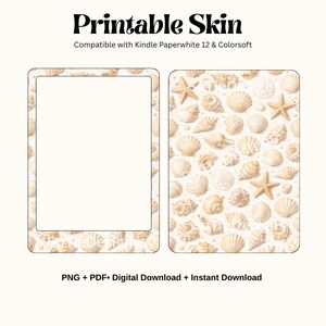 以下が含まれることがあります： Kindle Paperwhite 12 & Colorsoft 用の印刷可能なスキン。貝殻のデザインが特徴です。ベージュとクリーム色の様々な貝殻とヒトデのデザイン。上部には「Printable Skin」の文字があります。