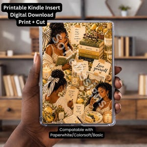May include: A clear Kindle case insert featuring a collage of illustrations, including women, books, lemons, and candles. The text at the top reads "Printable Kindle Insert Digital Download Print + Cut." The bottom text says "Compatible with Paperwhite/Colorsoft/Basic."