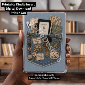 May include: A clear Kindle case with a denim pocket design, filled with stickers, a Kindle, and earbuds. The pocket features text that reads "black girl magic" and "books are therapy." The top text says "Printable Kindle Insert Digital Download Print + Cut."