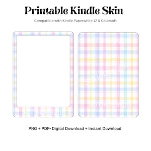 Può includere: Design di skin Kindle stampabile. Il design presenta due viste di una skin Kindle. Una vista mostra la parte anteriore del Kindle con uno schermo bianco. L'altra vista mostra il retro del Kindle con un motivo a quadri pastello. Il testo "Printable Kindle Skin" è in alto.