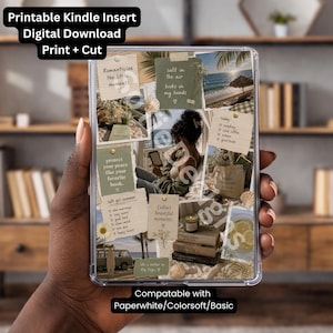 Könnte beinhalten: Transparenter Kindle-Hülle-Einsatz mit einer Collage aus Bildern und Text. Der Einsatz enthält Sätze wie „Romanticize the little moments“ und „salt in the air, books in my hands“. Der Text „Printable Kindle Insert, Digital Download, Print + Cut“ befindet sich oben.