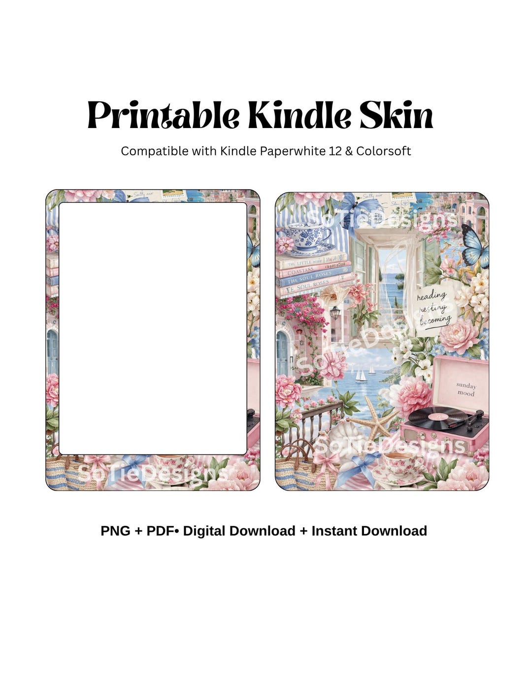 Blue Floral Coastal Vintage Kindle Skin, Beach Collage Printable Insert ...