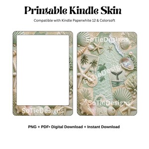 以下が含まれることがあります： Kindle Paperwhite 12およびColorsoft用の印刷可能なKindleスキン。貝殻、ヒトデ、サンゴ、ヤシの木、クジラの尾を描いたビーチテーマのコラージュ。デジタルデザインには「Printable Kindle Skin」、「Compatible with Kindle Paperwhite 12 & Colorsoft」、「PNG + PDF Digital Download + Instant Download」というテキストが含まれています。
