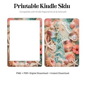 以下が含まれることがあります： Kindle Paperwhite 12およびColorsoft用の印刷可能なKindleスキン。熱帯のビーチをテーマにしており、貝殻、ヒトデ、ハイビスカスの花、海岸風景のヴィンテージ風写真が描かれています。デザインにはSoTieDesignsというテキストが含まれています。