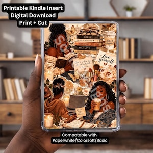 May include: A clear Kindle case insert with a collage design featuring illustrations of Black women, books, butterflies, and coffee cups. Text includes "Printable Kindle Insert," "Digital Download," and "Love yourself."