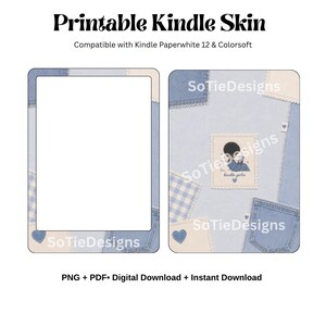 Peut inclure: Conception de skin Kindle imprimable avec un motif patchwork en jean. Le texte indique "Printable Kindle Skin" et "Compatible avec Kindle Paperwhite 12 & Colorsoft." Inclut le texte "PNG + PDF• Téléchargement numérique + Téléchargement instantané."