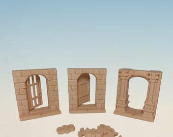 Porte Modulari e Muro ad Arco Dungeon – 3 pezzi Tabletop Miniature 28/32mm