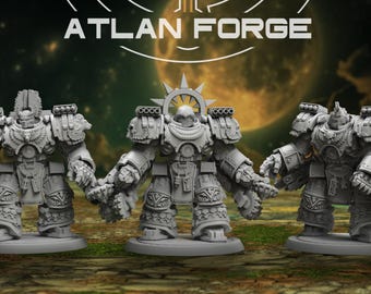 May include: Three detailed, gray miniature figures of armored warriors, each standing on a circular base. The figures are heavily armored with intricate designs and weaponry. The text "ATLAN FORGE" is displayed at the top of the image.