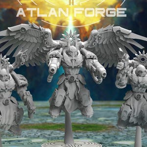 May include: Three grey, winged figurines with intricate mechanical details, holding weapons. The figurines are standing on a base. The text "ATLAN FORGE" is at the top of the image.